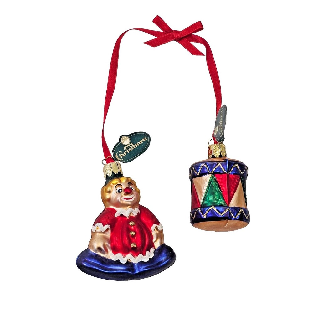 NEW Christborn Blown Glass Clown Drum Draped Christmas Holiday Ornament Figural